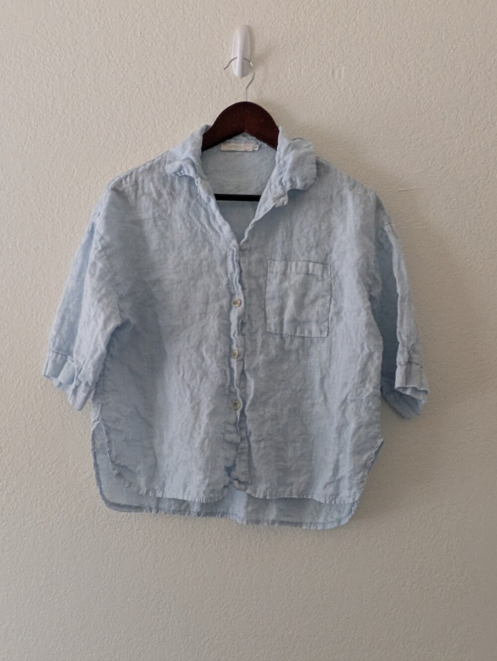 Milio Milano Sky Blue 3/4 Sleeve Linen Button Up Collared Blouse Size L